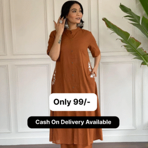 Brown Rust Embroidered Cotton Kurta and Palazzo Set