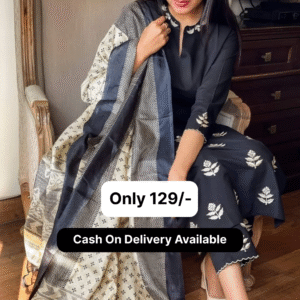 Black Embroidered Cotton Kurta and Pant Set with Dupatta
