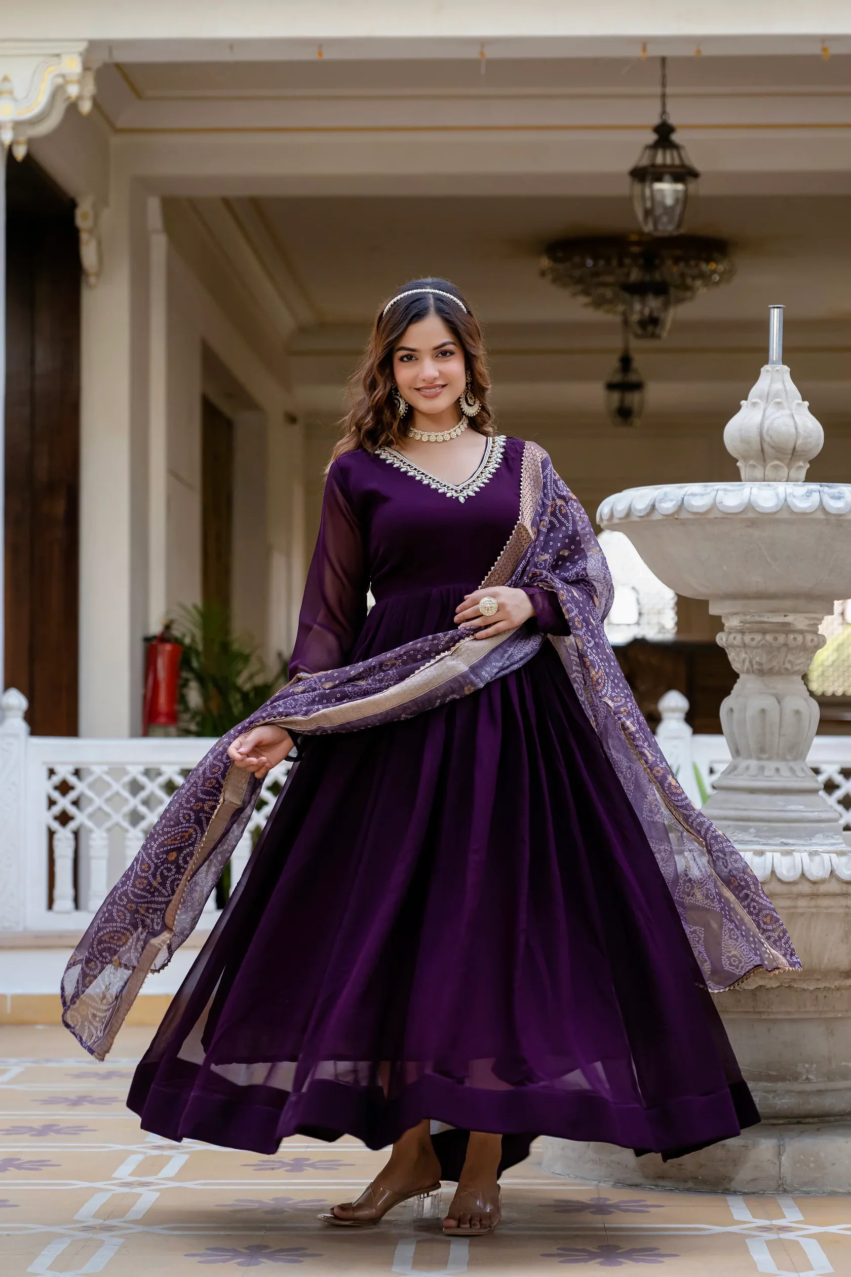 PEARL HANDWORK GOWN WITH PRINTED JEQUARD BORDER DUPATTA - Image 3